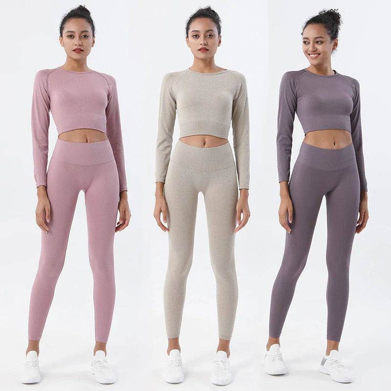 Ladies Premium Ribbed Yoga Set Long Sleeve Crop Top Leggings D