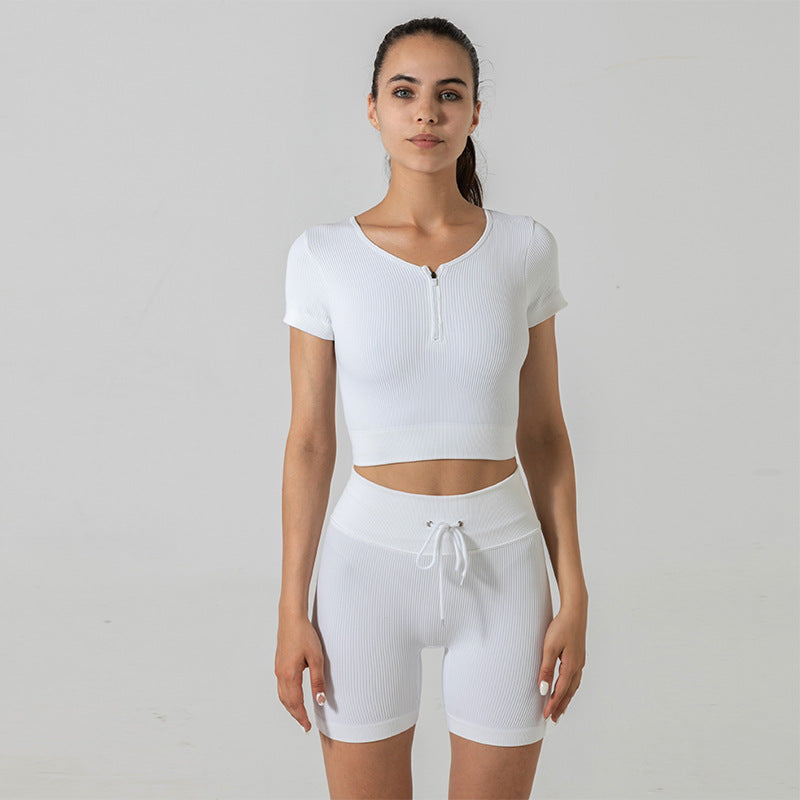 Ladies Premium Ribbed Quarter Zip Short Sleeve Yoga Set | Short Sleeve Crop Top & Shorts