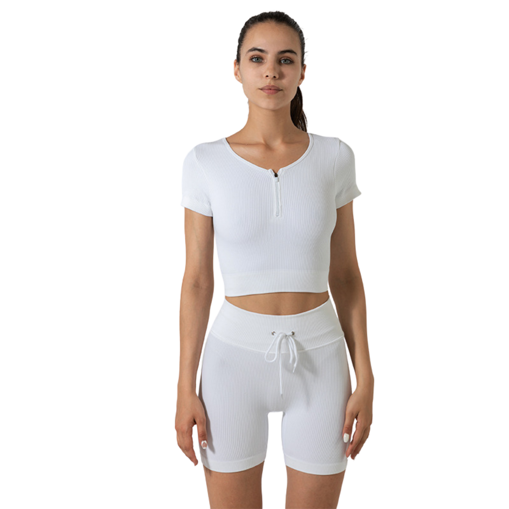 Ladies Premium Ribbed Quarter Zip Short Sleeve Yoga Set