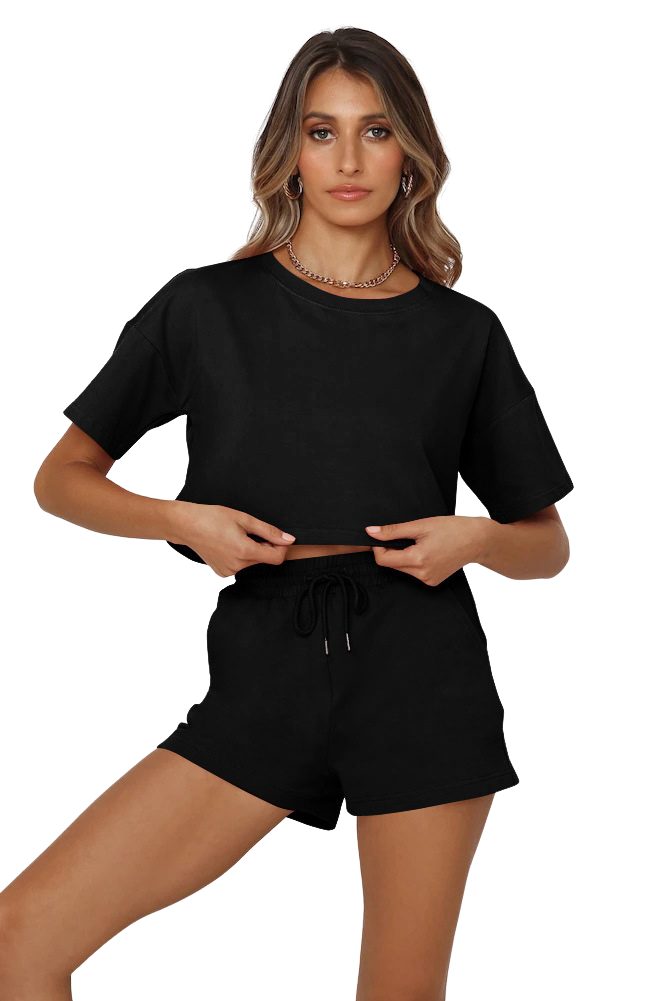 Women's Short Sleeve Crop Top and Shorts Lounge Set