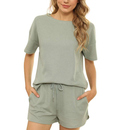 9880 Women's Waffle Knit Short Sleeve Top and Shorts Lounge Set