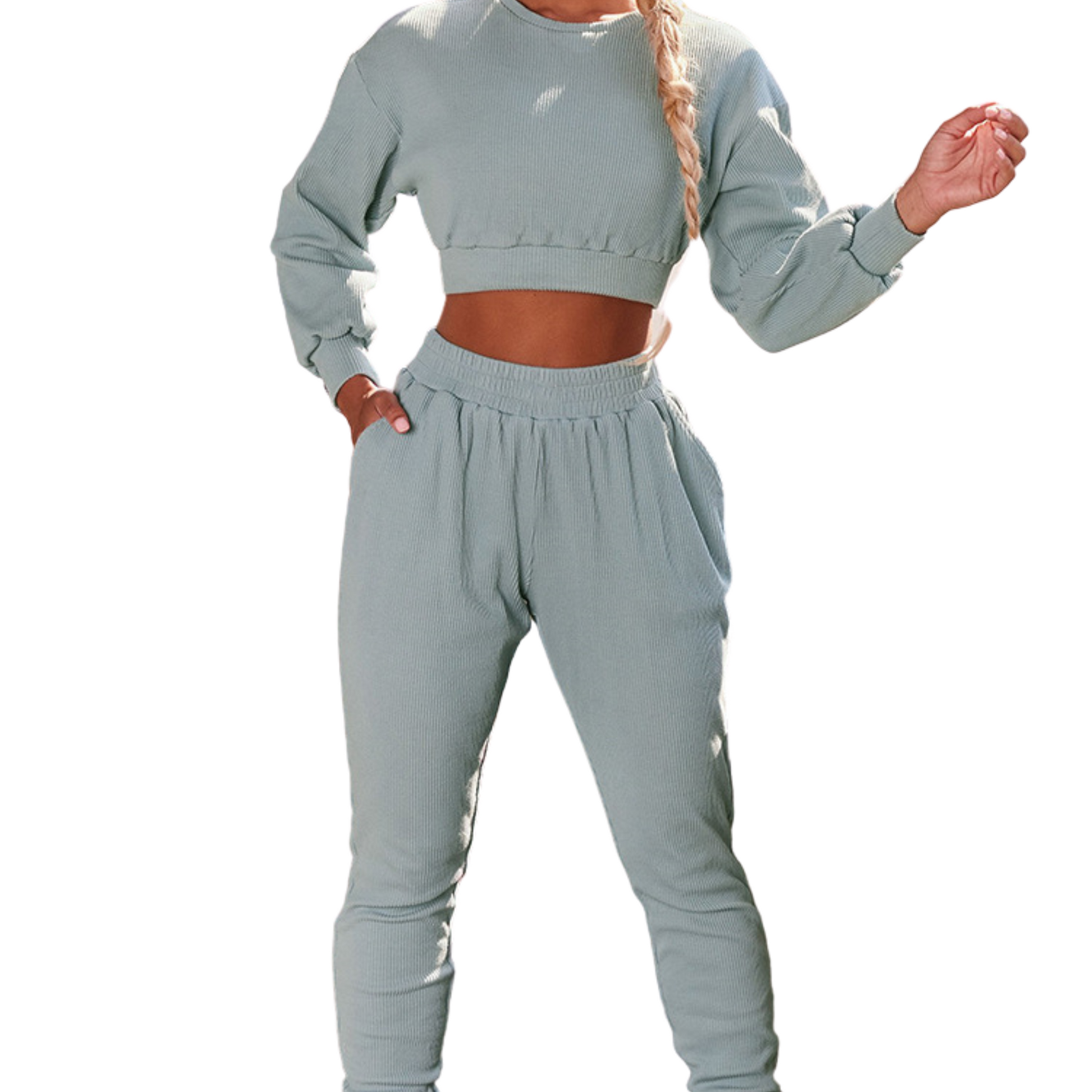Ladies Crewneck Ribbed Sweatsuit | Long Sleeve Crop Top & Joggers | 1025