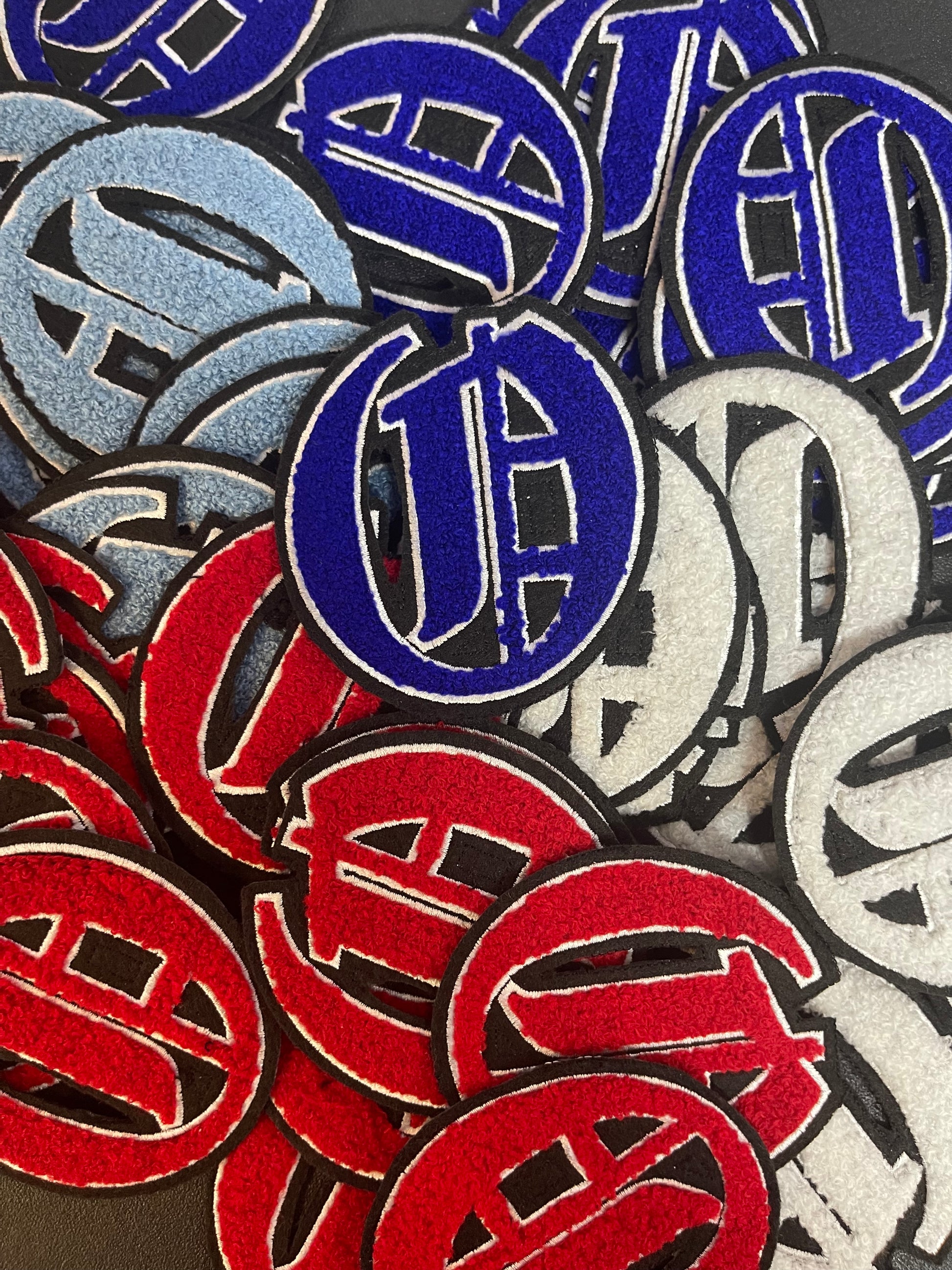 Red-White-Black Old English | Chenille Iron-On Patches