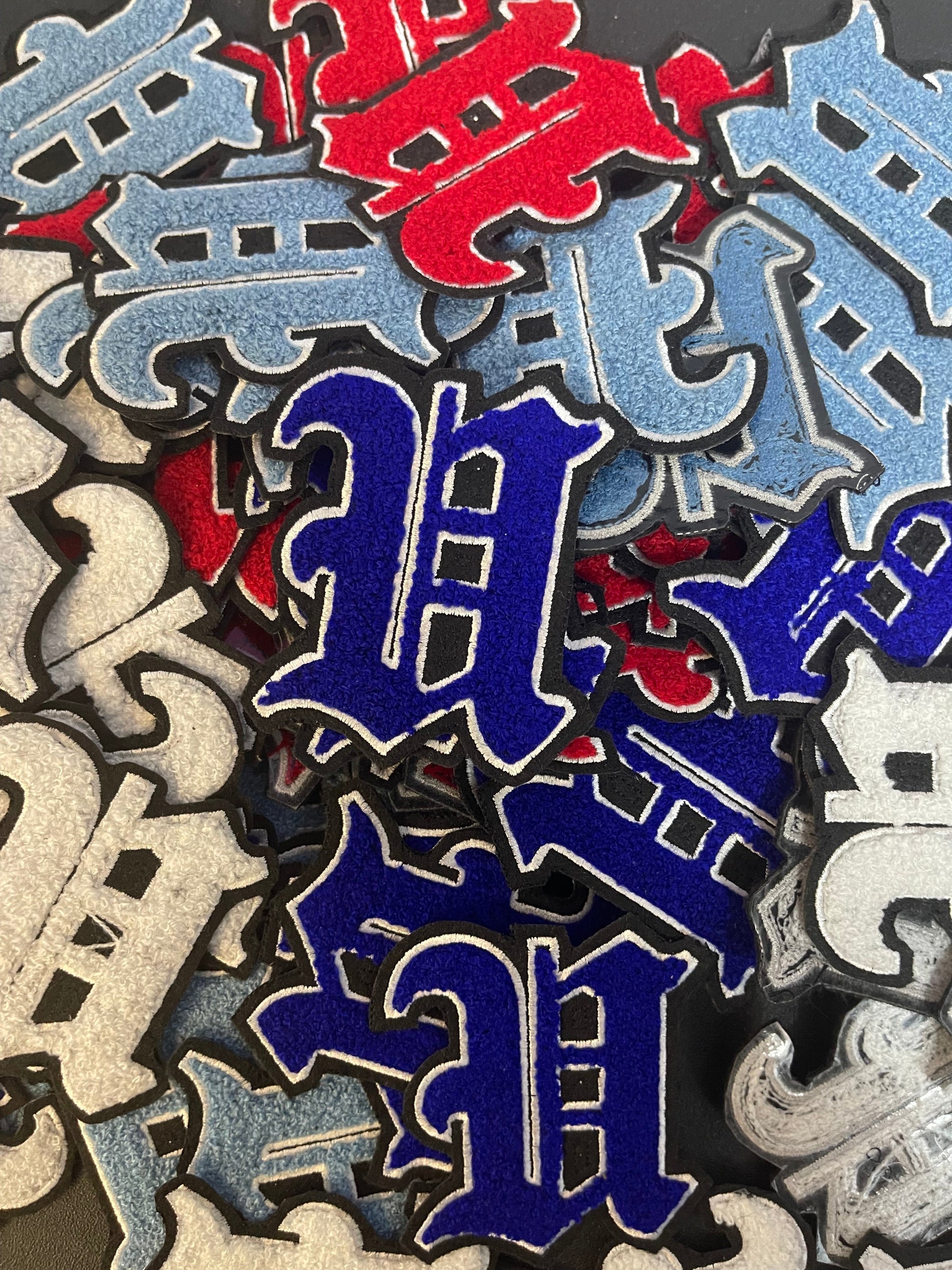 Royal-White-Black Old English | Chenille Iron-On Patches